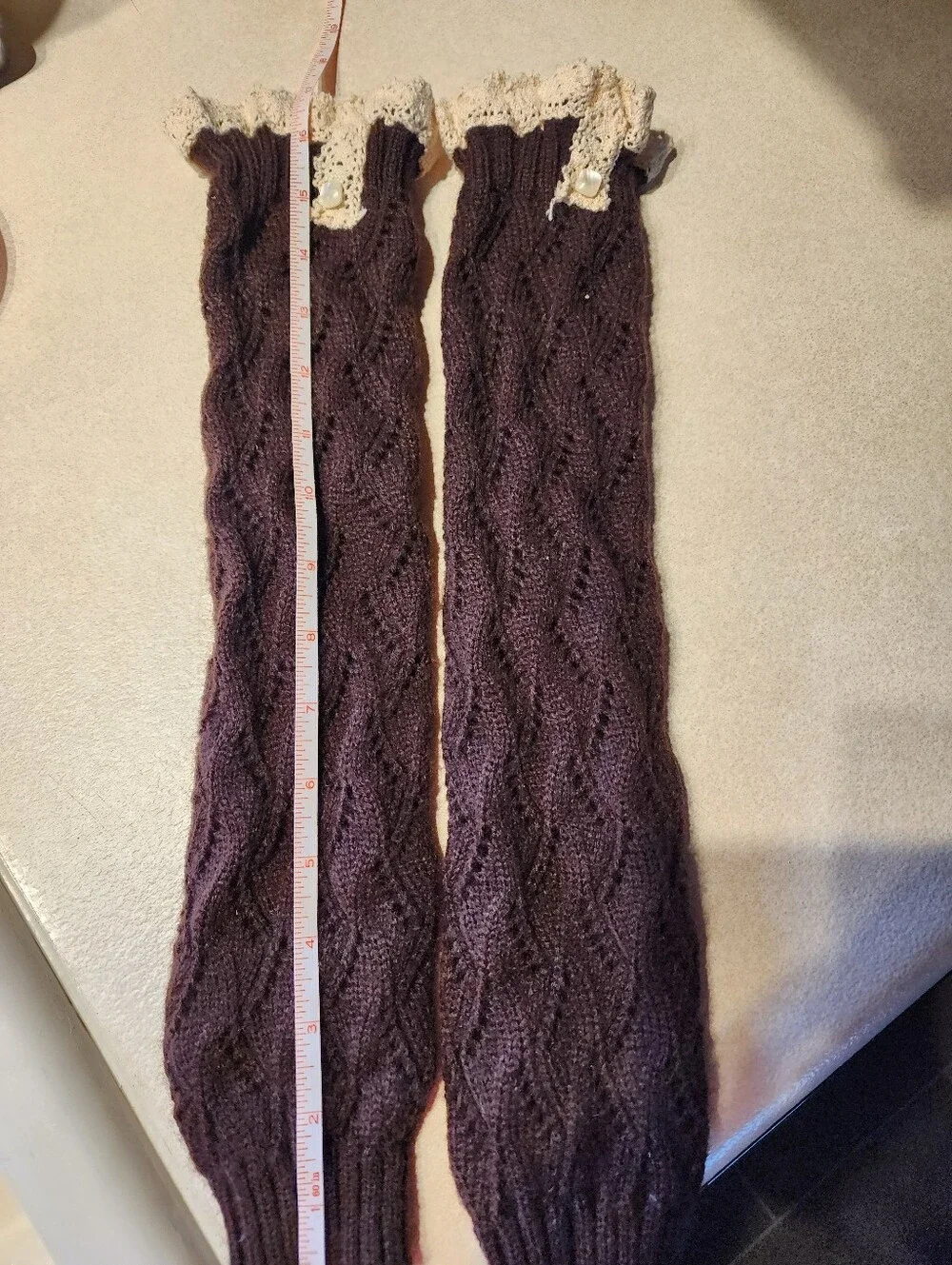 Handmade Brown Cable Knit Leg Warmers with Cream Lace Trim